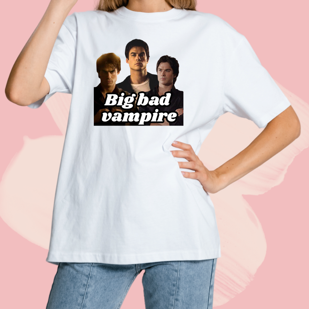 Biały T-shirt oversize bawełniany z nadrukiem damon salvatore pamiętniki wampirów the vampire diaries