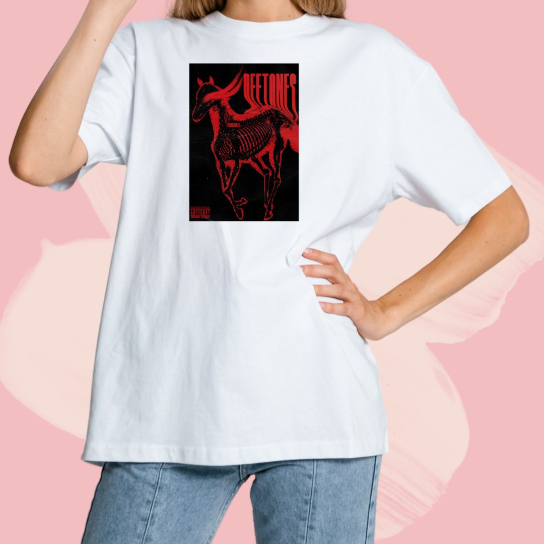 Biały T-shirt oversize bawełniany z nadrukiem deftones