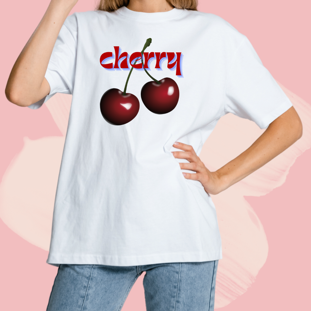Biały T-shirt oversize bawełniany z nadrukiem cherry vintage print