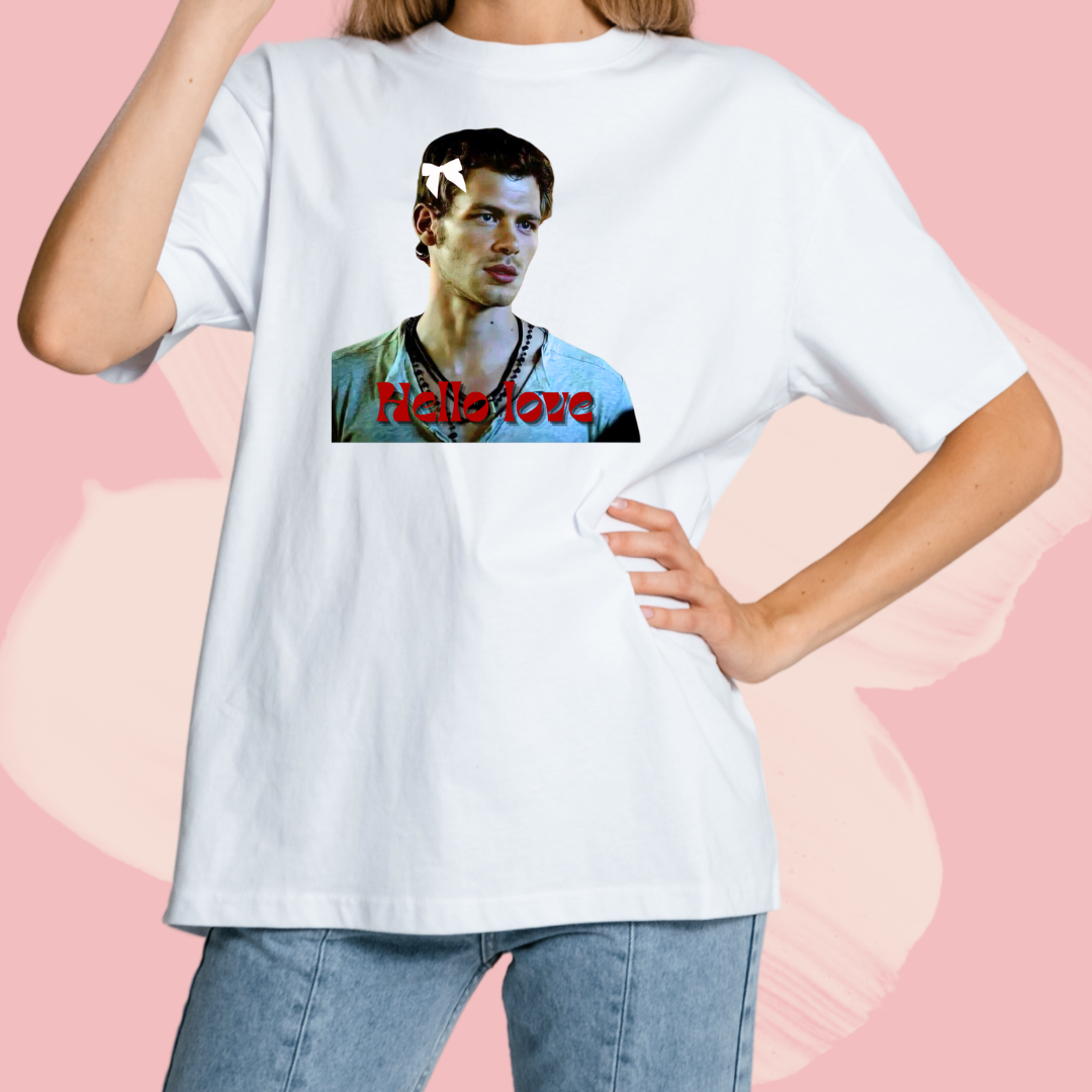 Biały T-shirt oversize bawełniany z nadrukiem klaus mikaelson hello love pamiętniki wampirów the vampire diaries