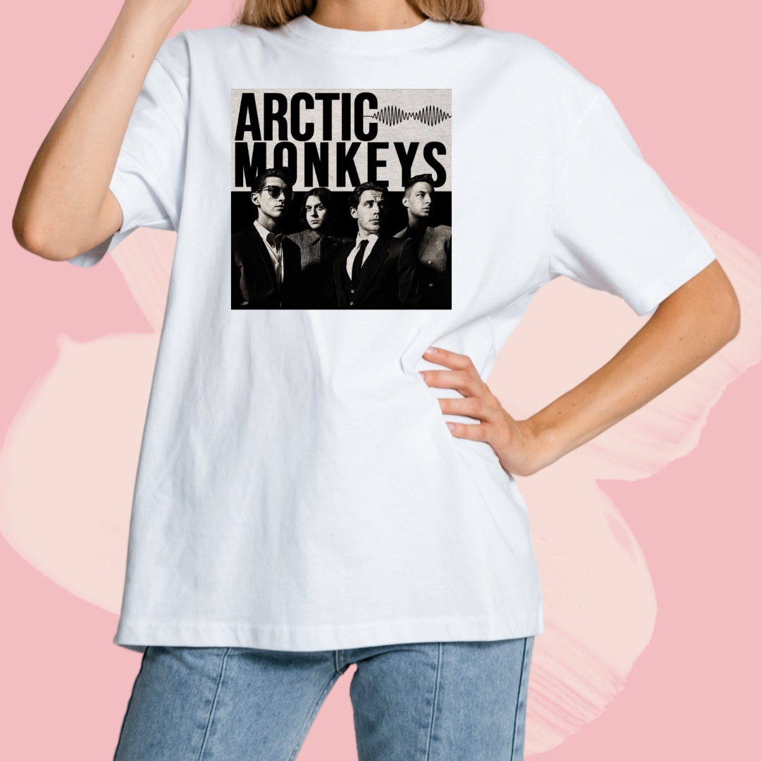 Biały T-shirt oversize bawełniany z nadrukiem zespół arctic monkeys