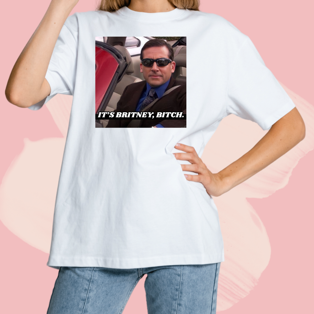 Biały T-shirt oversize bawełniany z nadrukiem biuro the office it's britney bitch