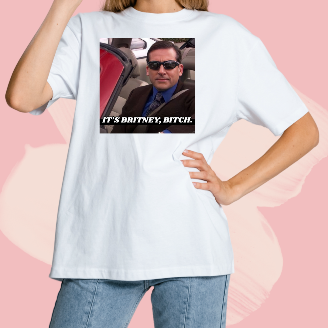 Biały T-shirt oversize bawełniany z nadrukiem biuro the office it's britney bitch