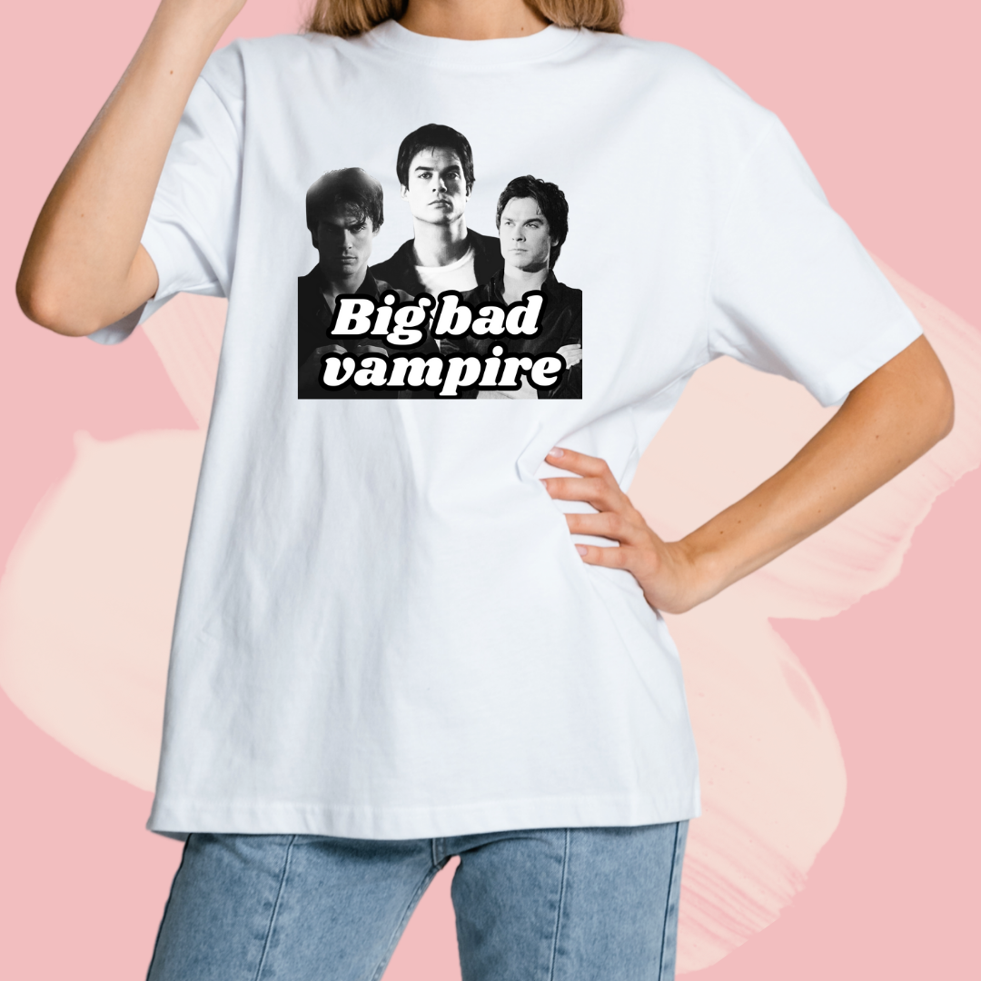 Biały T-shirt oversize bawełniany z nadrukiem damon salvatore pamiętniki wampirów the vampire diaries