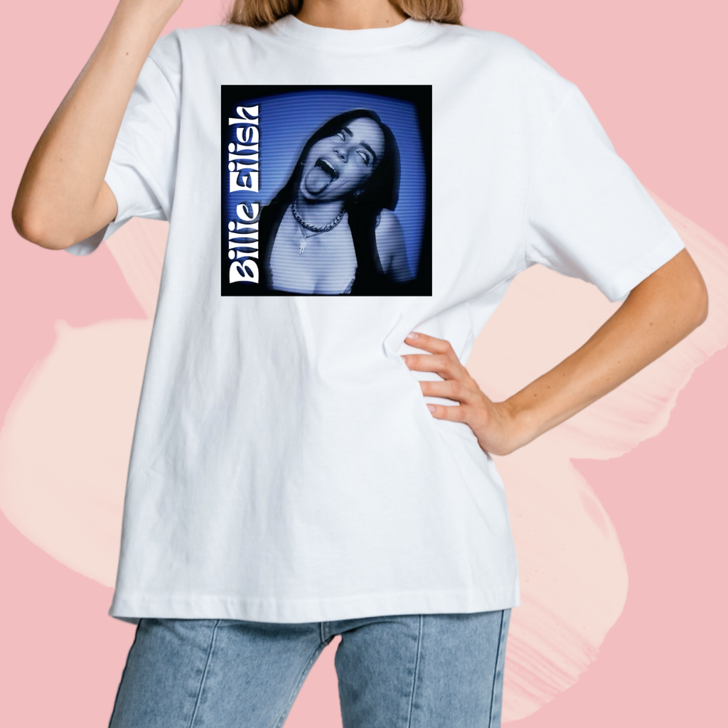 Biały T-shirt oversize bawełniany z nadrukiem billie eilish