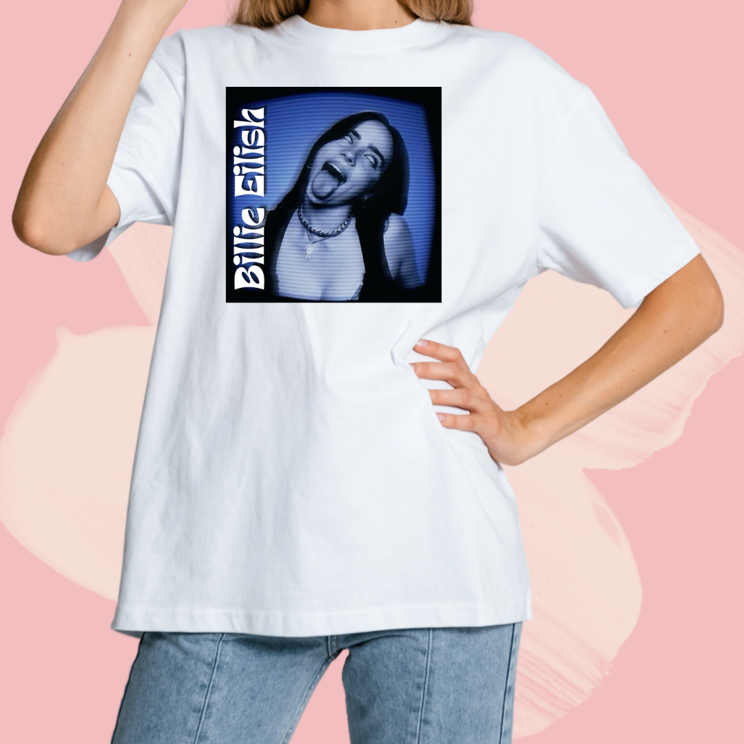 Biały T-shirt oversize bawełniany z nadrukiem billie eilish