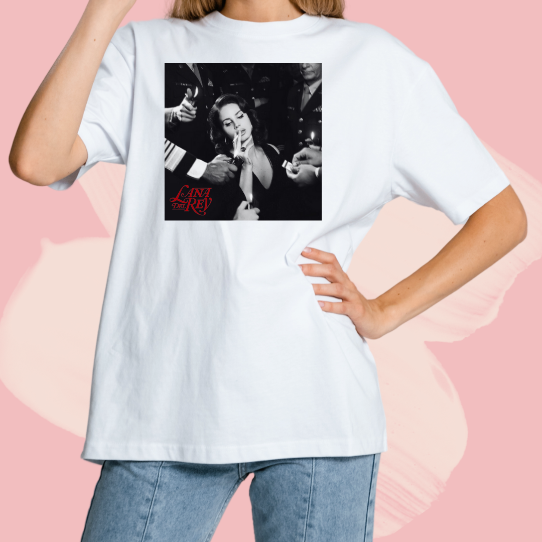 Biały T-shirt oversize bawełniany z nadrukiem lana del rey