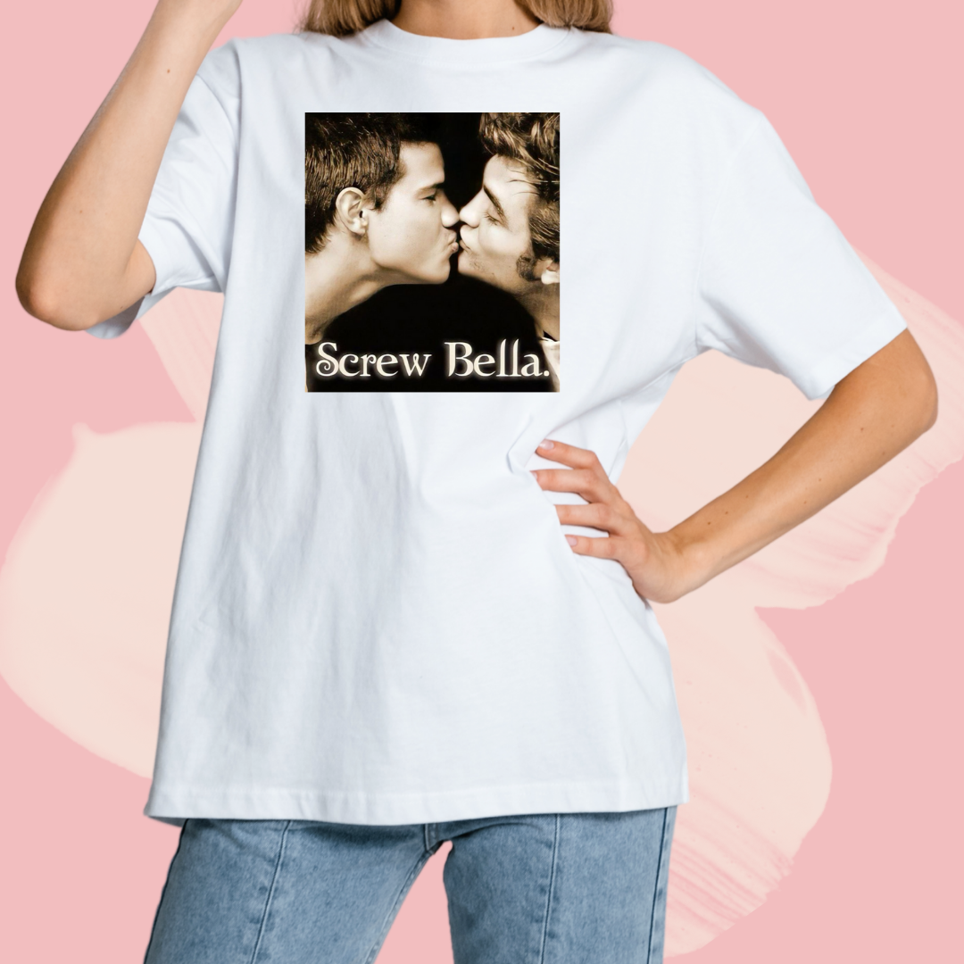 Biały T-shirt oversize bawełniany z nadrukiem screw bella edward cullen i jacob black zmierzch twilight