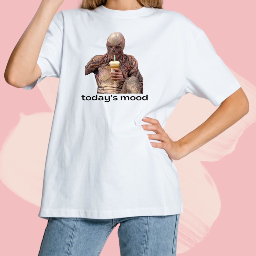 Biały T-shirt oversize bawełniany z nadrukiem stranger things vecna today's mood