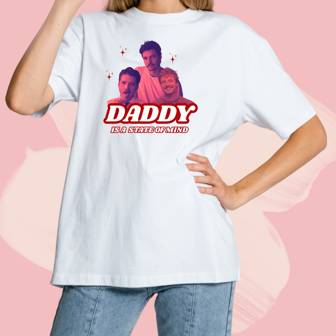 Biały T-shirt oversize bawełniany z nadrukiem pedro pascal daddy is a state of mind