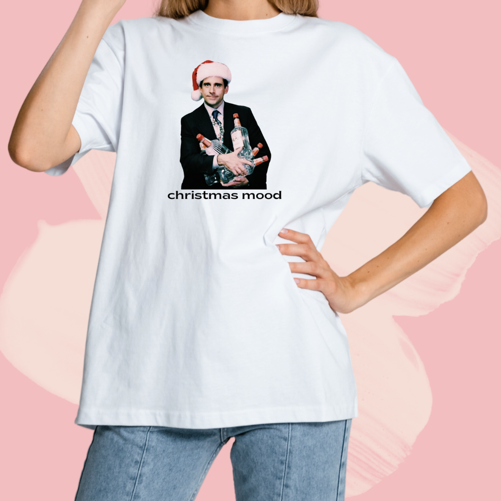 Biały T-shirt oversize bawełniany z nadrukiem michael the office christmas