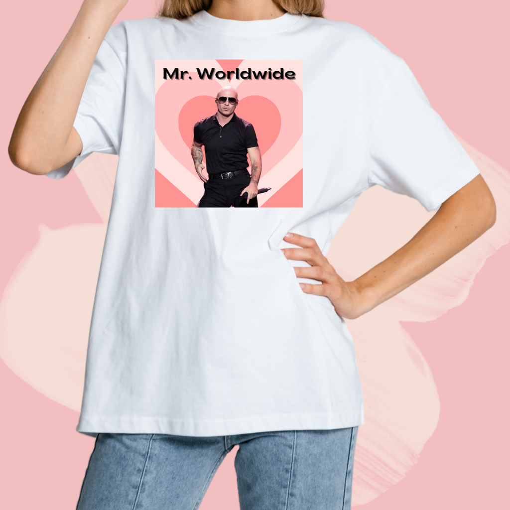 Biały T-shirt oversize bawełniany z nadrukiem mr. worldwide pitbull