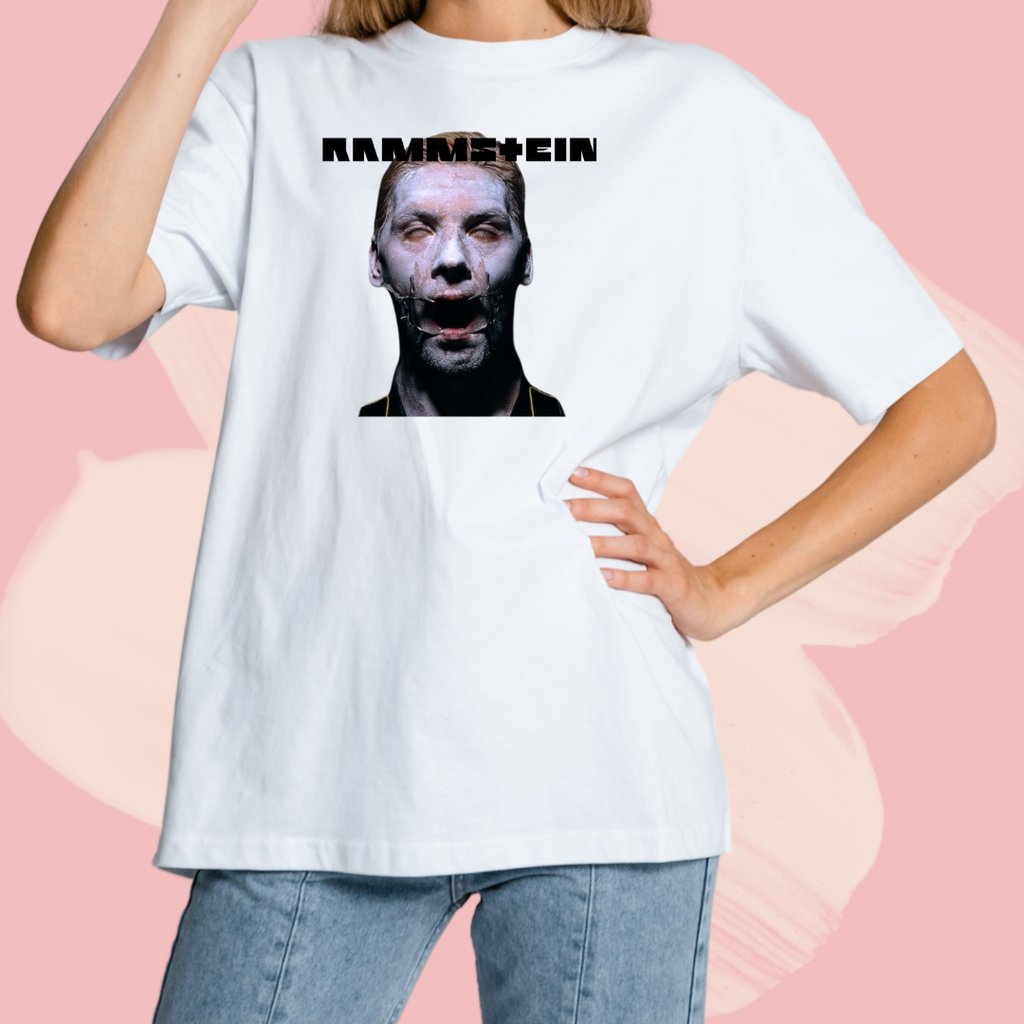 Biały T-shirt oversize bawełniany z nadrukiem zespół rammstein 90s
