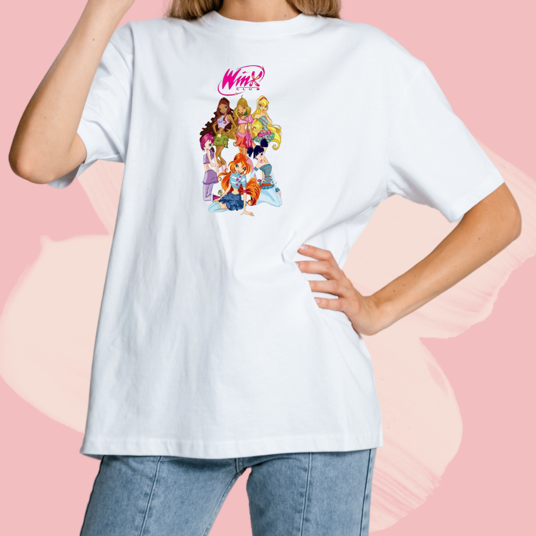 Biały T-shirt oversize bawełniany z nadrukiem bajka winx club 00s