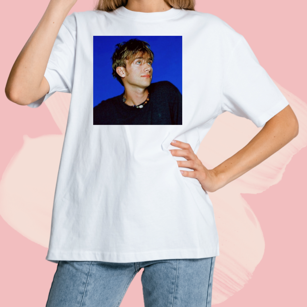 Biały T-shirt oversize bawełniany z nadrukiem damon albarn blur gorillaz