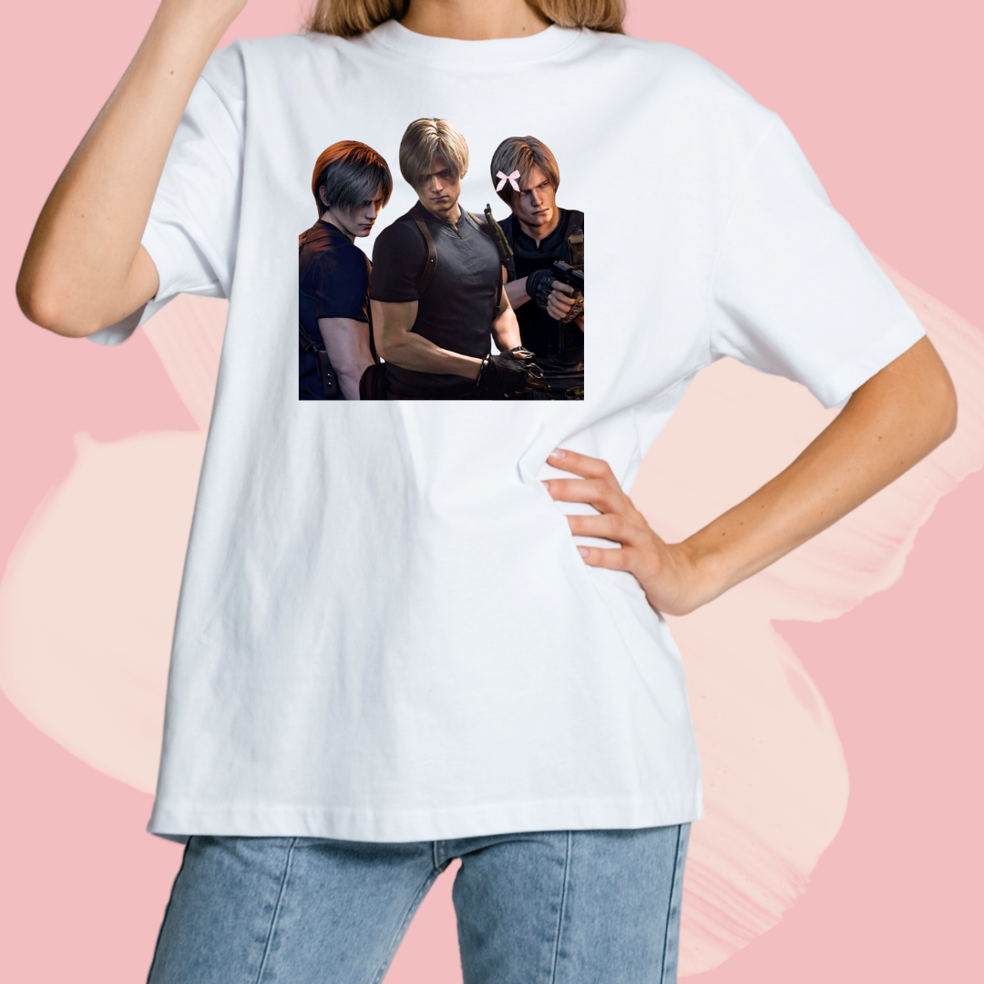 Biały T-shirt oversize bawełniany z nadrukiem leon kennedy resident evil gra