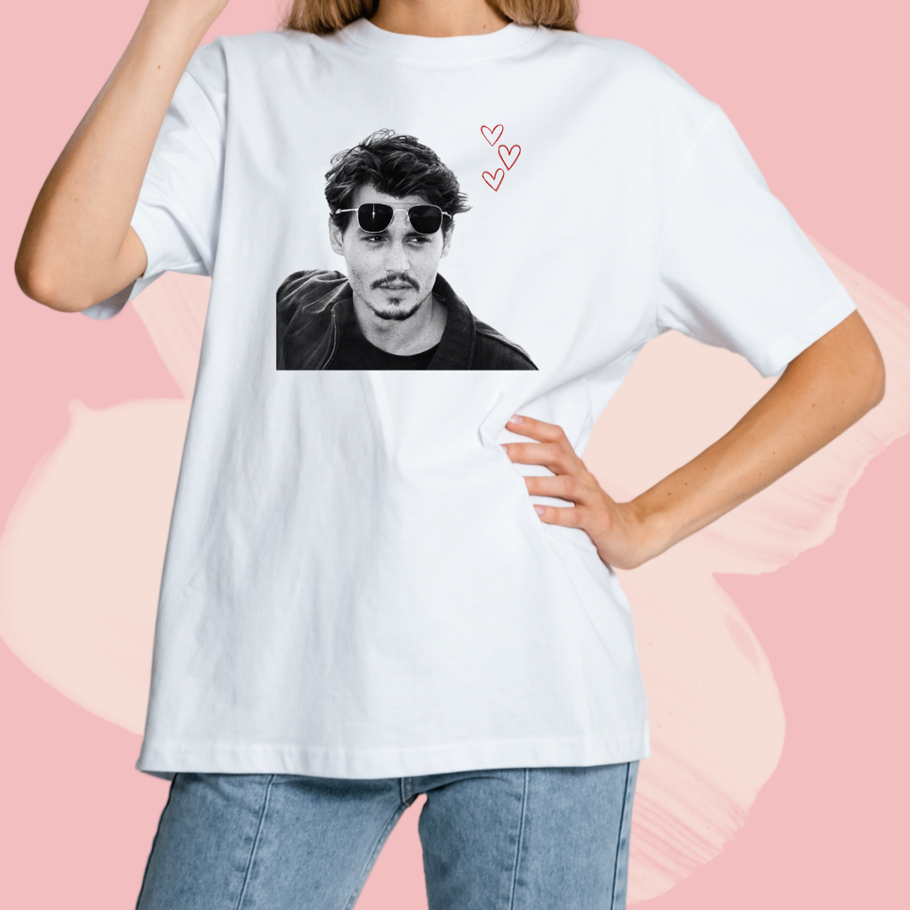 Biały T-shirt oversize bawełniany z nadrukiem johnny depp