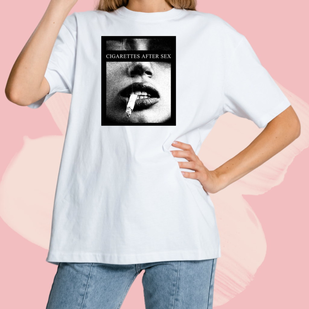 Biały T-shirt oversize bawełniany z nadrukiem zespół cigarettes after sex