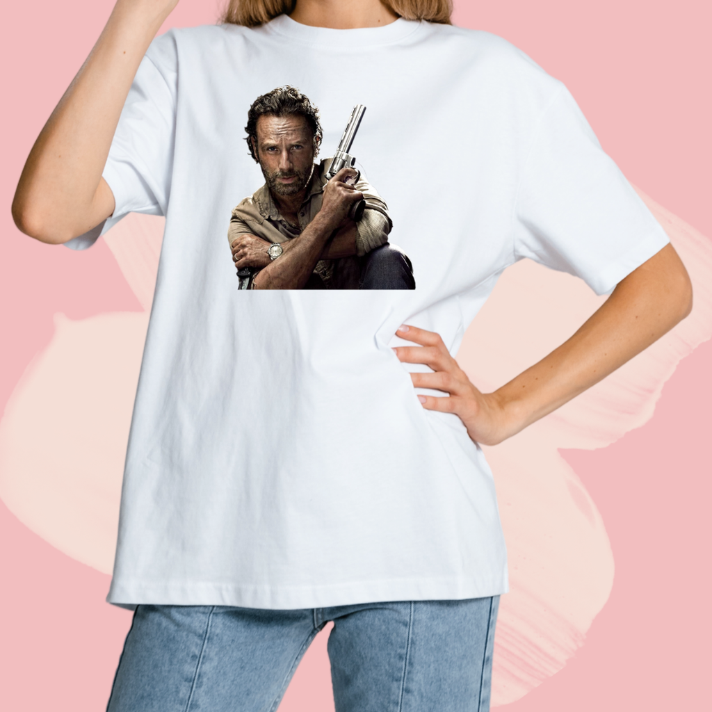 Biały T-shirt oversize bawełniany z nadrukiem rick grimes the walking dead