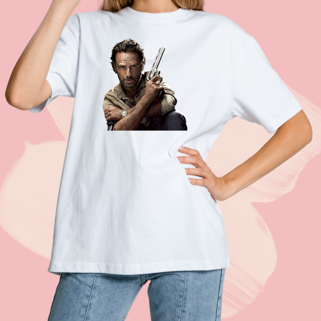 Biały T-shirt oversize bawełniany z nadrukiem rick grimes the walking dead