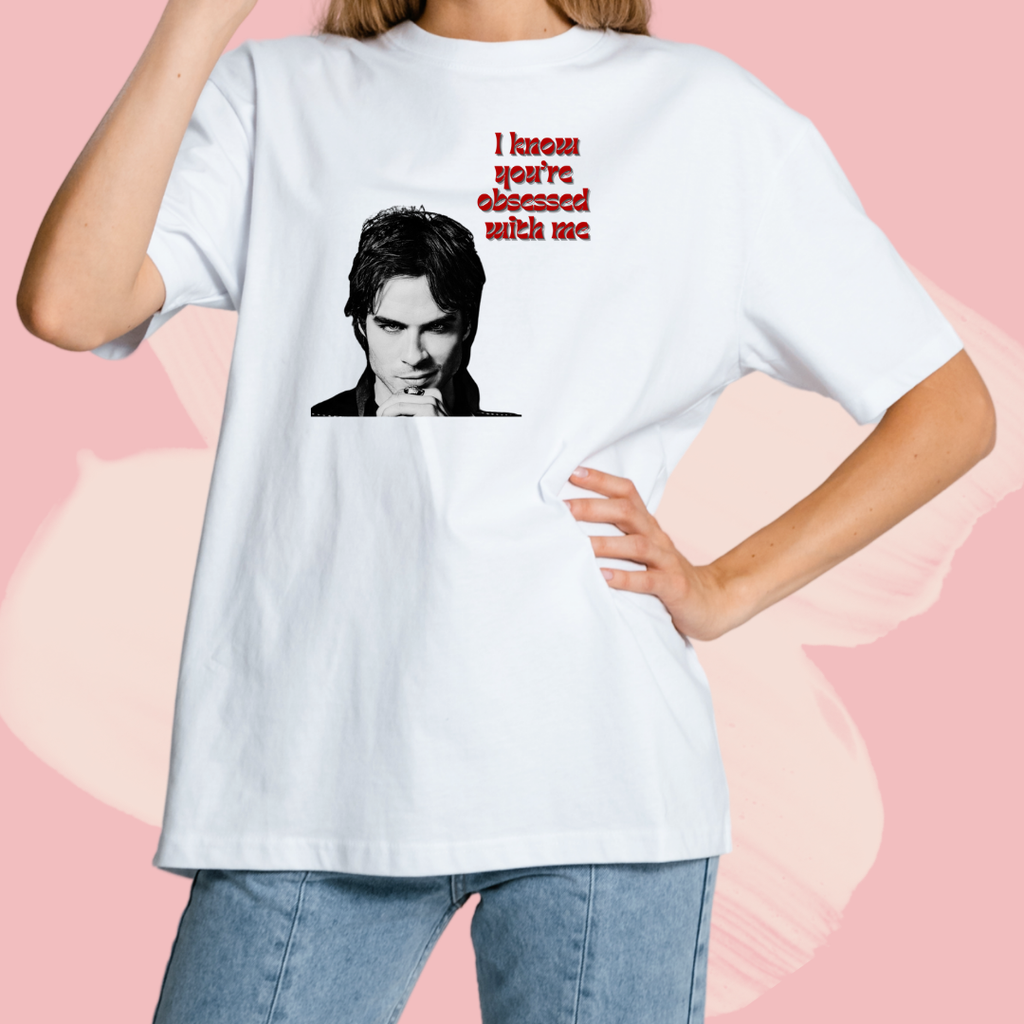 Biały T-shirt oversize bawełniany z nadrukiem damon salvatore pamiętniki wampirów the vampire diaries