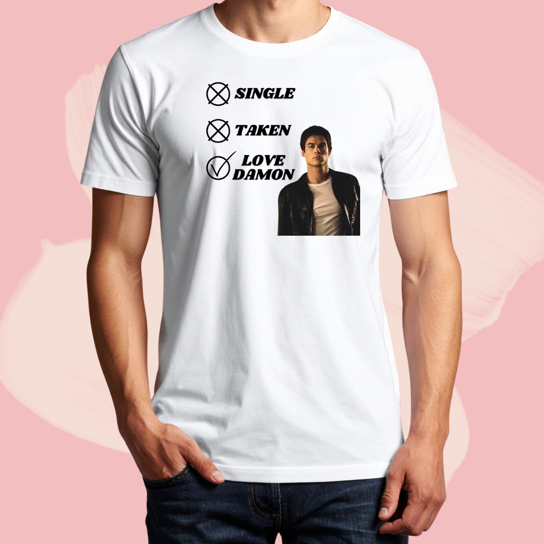 Biały T-shirt oversize bawełniany z nadrukiem love damon salvatore pamiętniki wampirów the vampire diaries