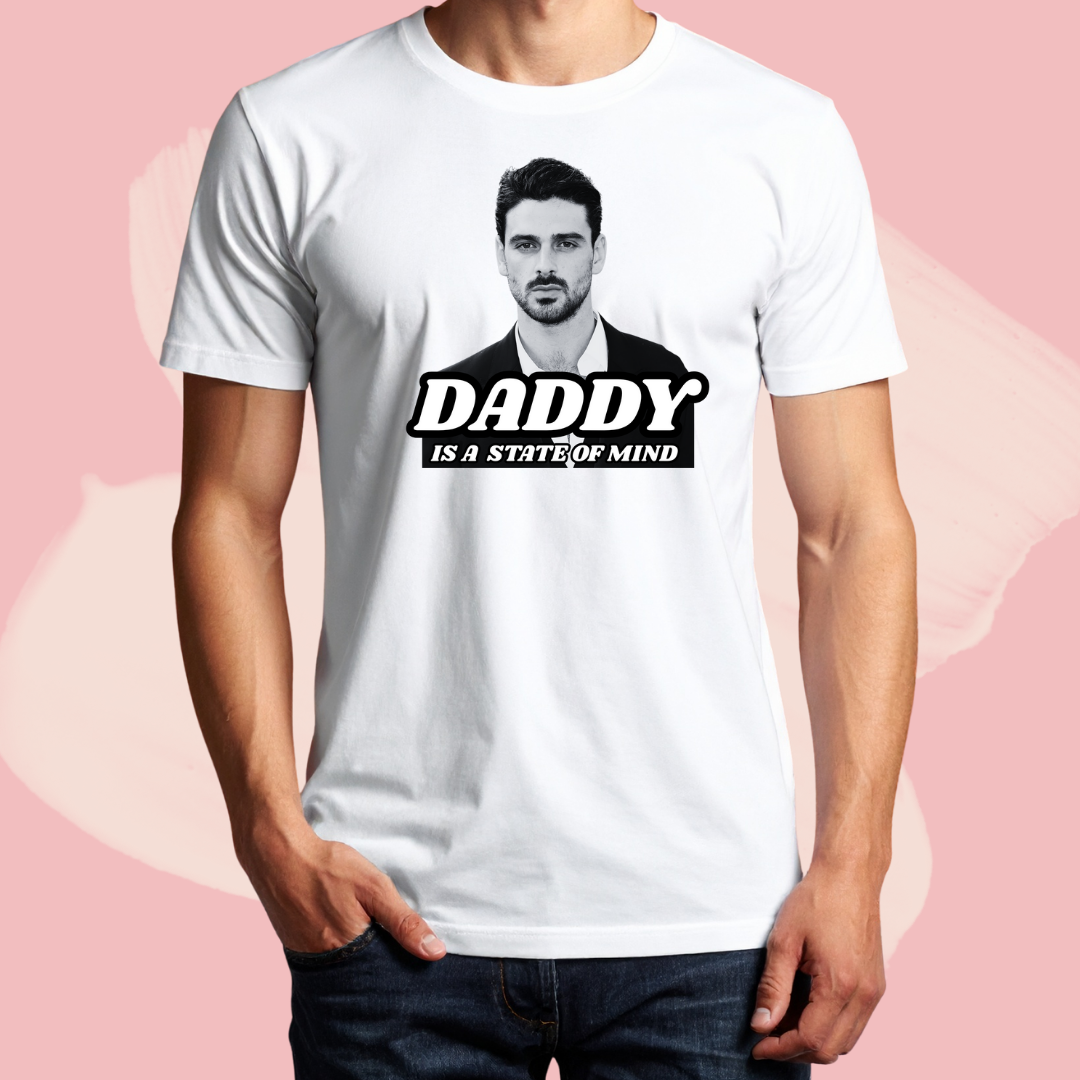 Biały T-shirt oversize bawełniany z nadrukiem michele morrone daddy is a state of mind