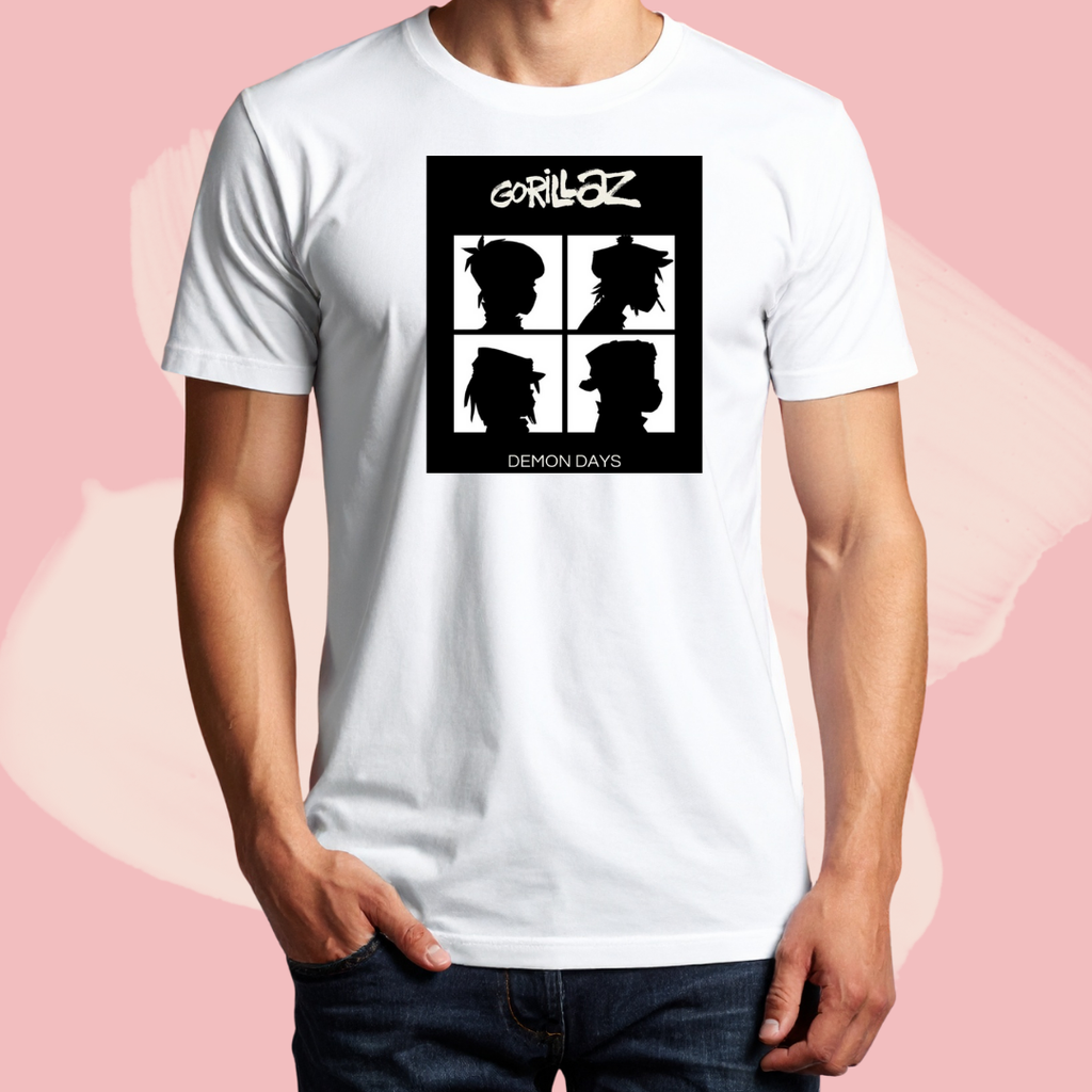 Biały T-shirt oversize bawełniany z nadrukiem gorillaz zespół