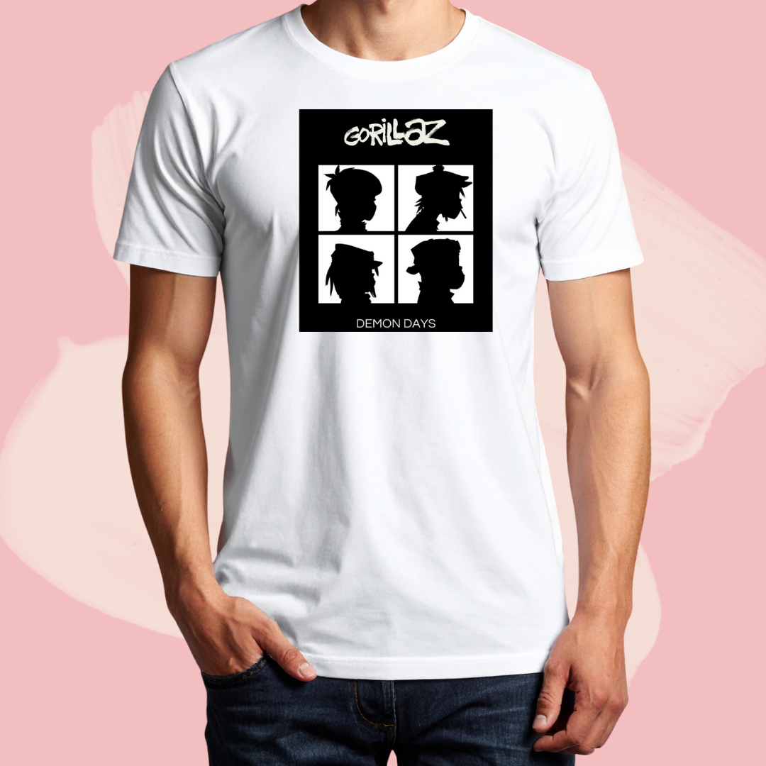 Biały T-shirt oversize bawełniany z nadrukiem gorillaz zespół