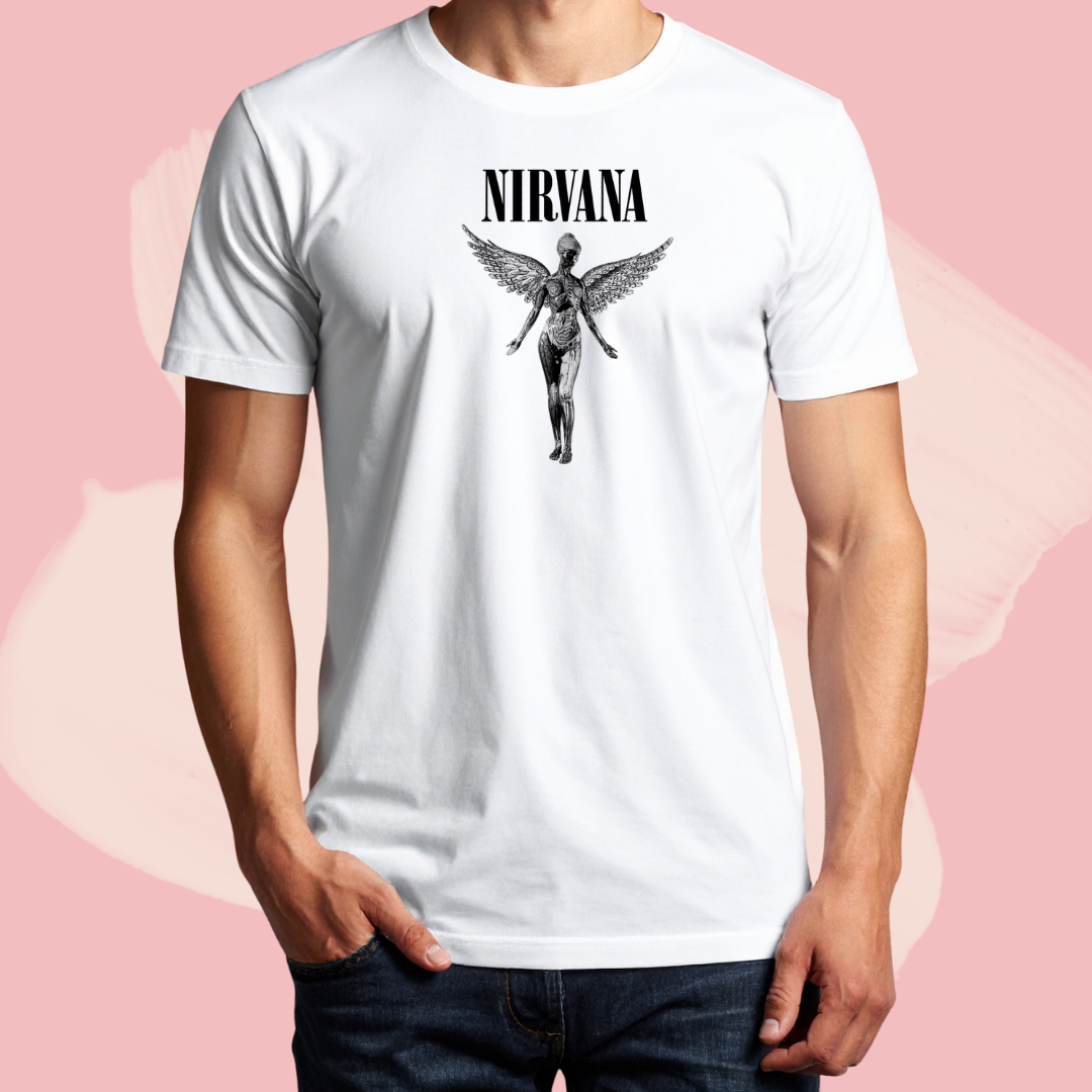 Biały T-shirt oversize bawełniany z nadrukiem nirvana