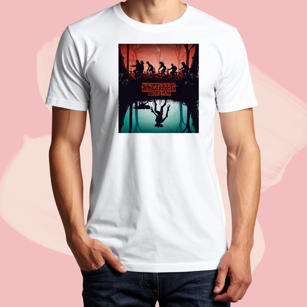 Biały T-shirt oversize bawełniany z nadrukiem stranger things