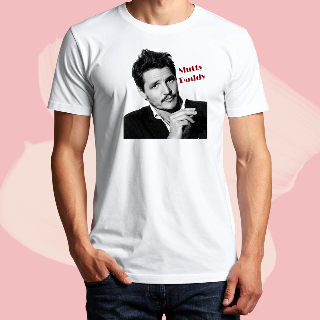 Biały T-shirt oversize bawełniany z nadrukiem pedro pascal slutty daddy