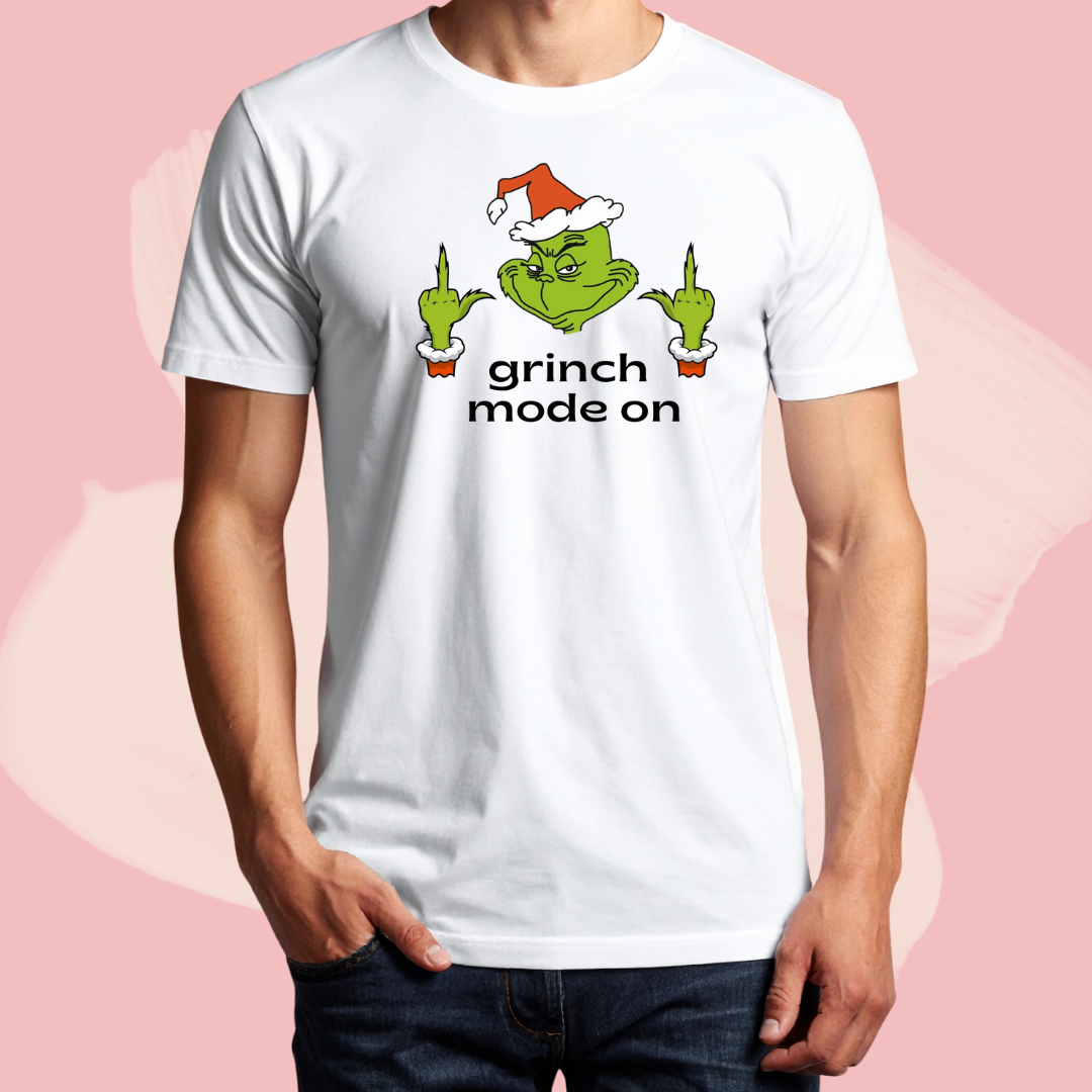 Biały T-shirt oversize bawełniany z nadrukiem grinch mode on christmas