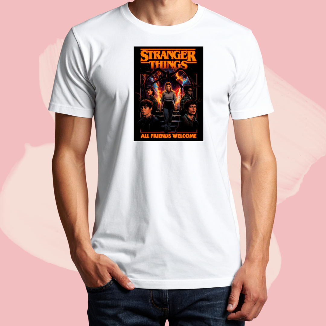 Biały T-shirt oversize bawełniany z nadrukiem stranger things