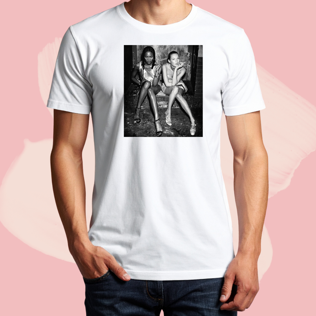 Biały T-shirt oversize bawełniany z nadrukiem naomi campbell i kate moss