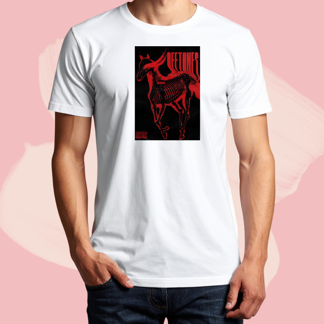 Biały T-shirt oversize bawełniany z nadrukiem deftones