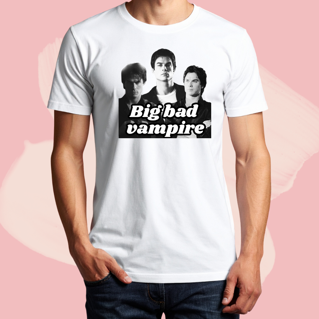 Biały T-shirt oversize bawełniany z nadrukiem damon salvatore pamiętniki wampirów the vampire diaries