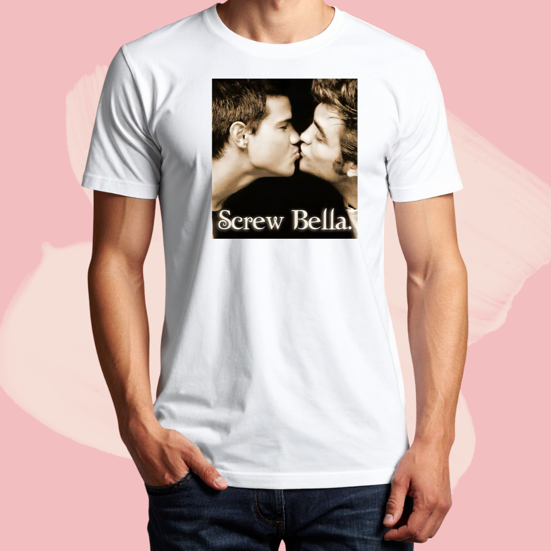 Biały T-shirt oversize bawełniany z nadrukiem screw bella edward cullen i jacob black zmierzch twilight