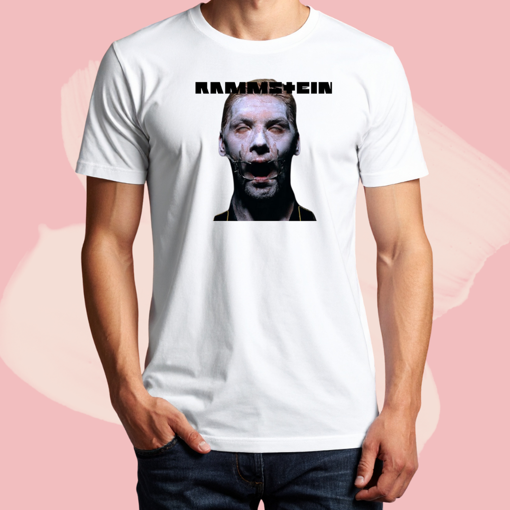 Biały T-shirt oversize bawełniany z nadrukiem zespół rammstein 90s