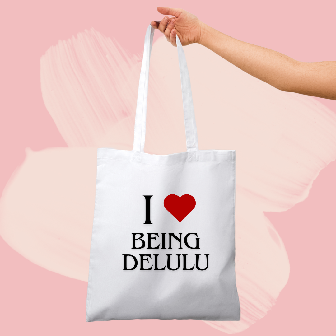Torba bawełniana tote bag z nadrukiem ze śmiesznym napisem i love being delulu