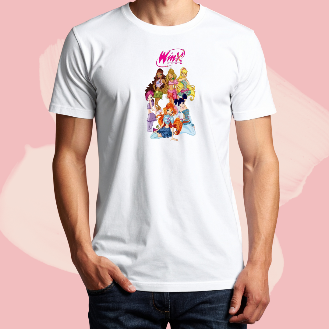 Biały T-shirt oversize bawełniany z nadrukiem bajka winx club 00s