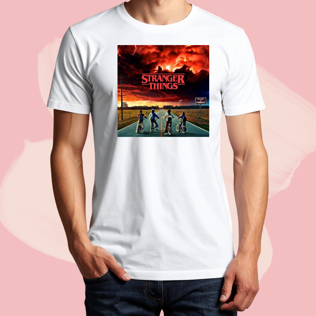 Biały T-shirt oversize bawełniany z nadrukiem stranger things