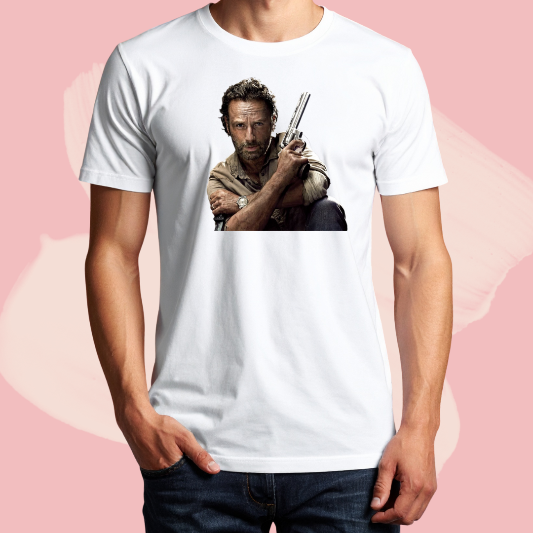 Biały T-shirt oversize bawełniany z nadrukiem rick grimes the walking dead