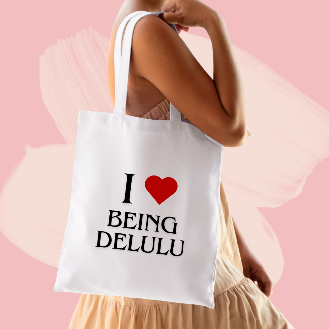 Torba bawełniana tote bag z nadrukiem ze śmiesznym napisem i love being delulu