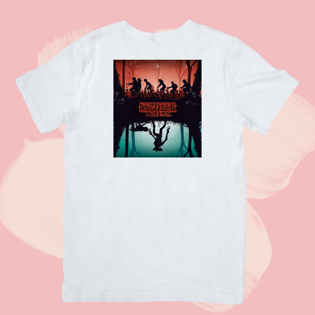Biały T-shirt oversize bawełniany z nadrukiem stranger things