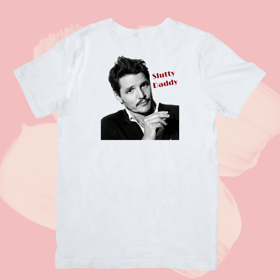 Biały T-shirt oversize bawełniany z nadrukiem pedro pascal slutty daddy