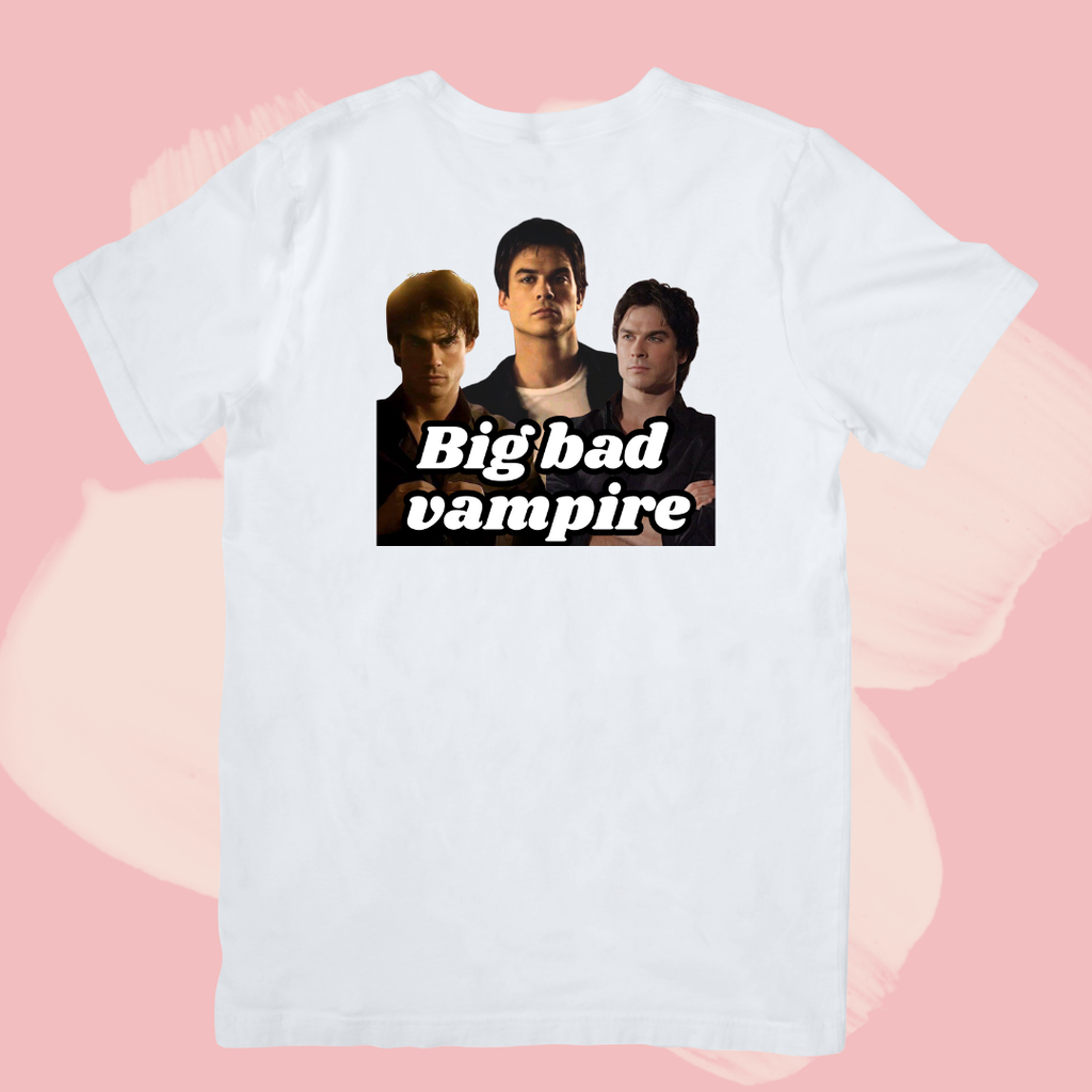 Biały T-shirt oversize bawełniany z nadrukiem damon salvatore pamiętniki wampirów the vampire diaries