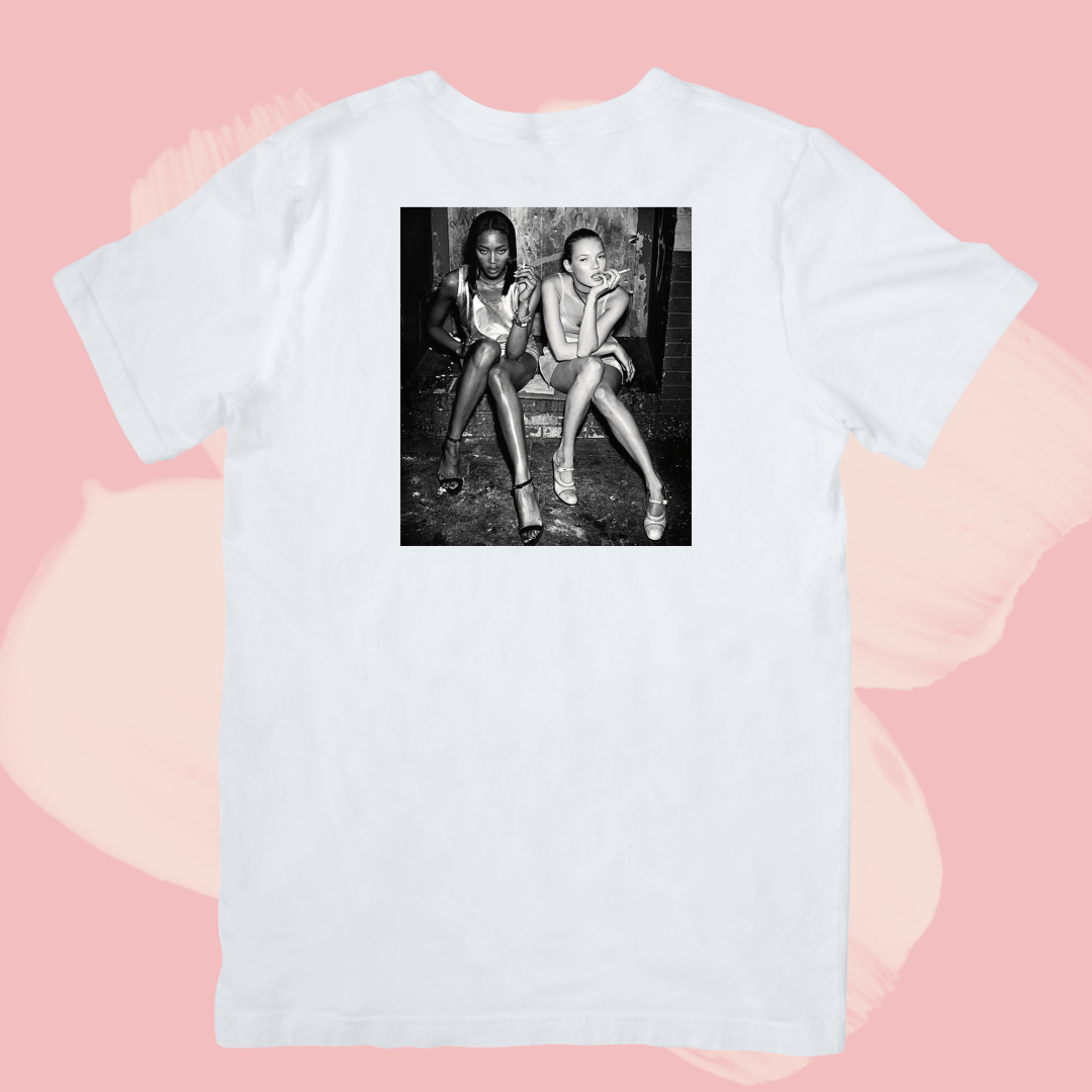 Biały T-shirt oversize bawełniany z nadrukiem naomi campbell i kate moss