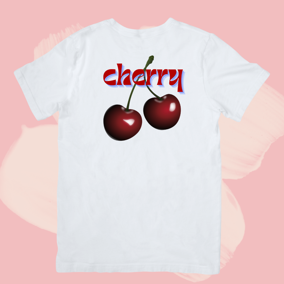 Biały T-shirt oversize bawełniany z nadrukiem cherry vintage print