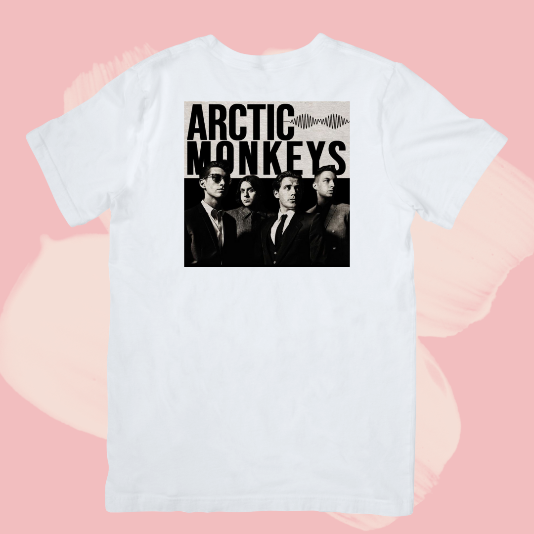 Biały T-shirt oversize bawełniany z nadrukiem zespół arctic monkeys